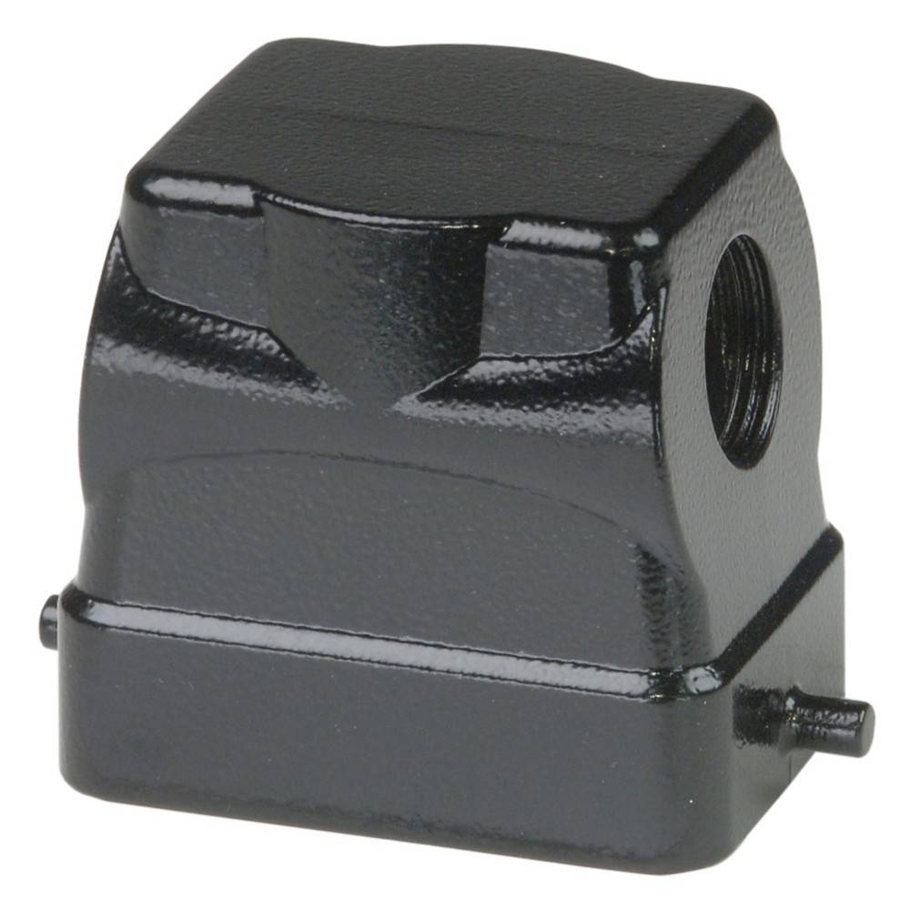 Eine schwarze industrielle Kabelanschlusshaube aus Aluminium mit Oberflächeneingang, die für die Kompatibilität mit Gewindeanschlüssen konzipiert ist.