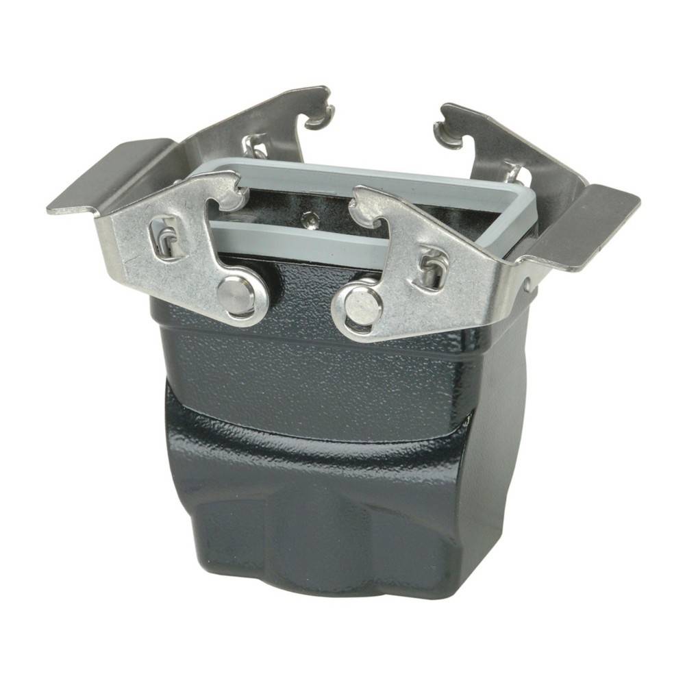 Ein industrielles Anschlussgehäuse aus Metall und Kunststoff mit zwei Metallverriegelungen zum Sichern. Konzipiert für robuste elektrische Anwendungen.