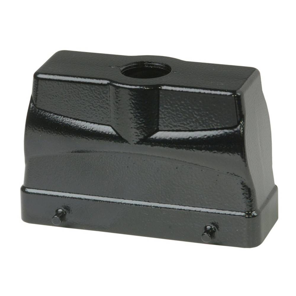 Eine glänzend schwarze rechteckige Metallabdeckung mit einer zentralen kreisförmigen Öffnung und zwei Schrauben am unteren Rand, die für industrielle Anwendungen verwendet wird.