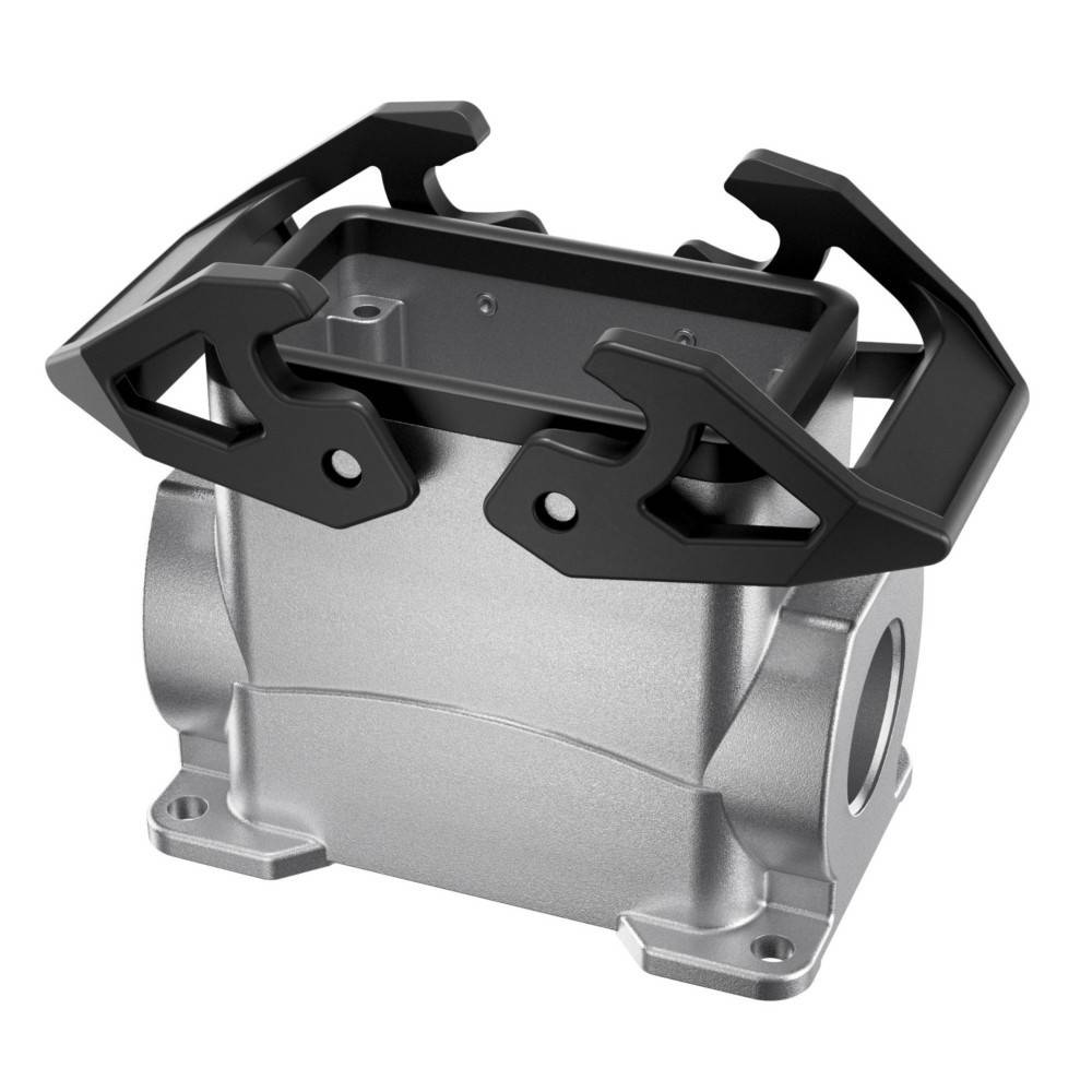 Eine silberne mechanische Komponente mit einem schwarzen Halterungsbügel oben, wahrscheinlich Teil einer Maschine oder Ausrüstung.