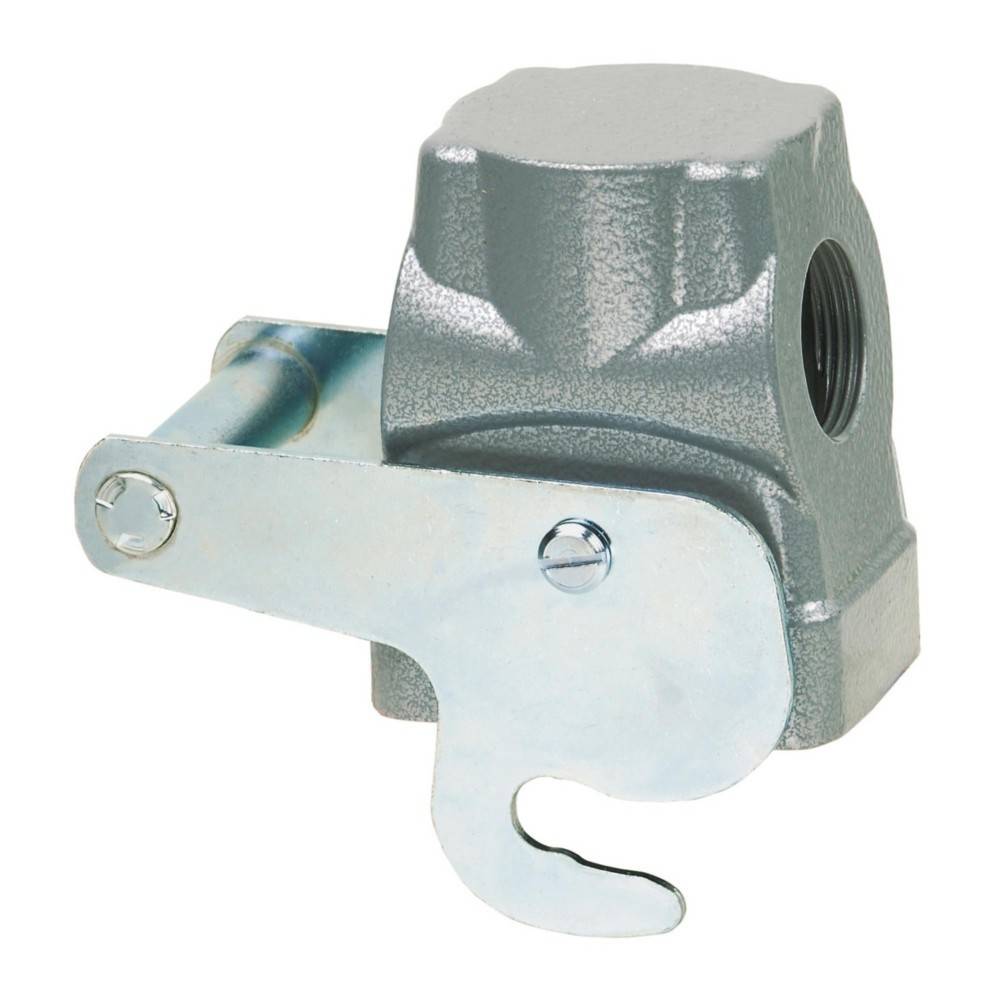 Ein metallischer industrieller Riegel mit Hebel und Schraublöchern, verwendet zum Sichern oder Befestigen von Komponenten in Maschinen oder Ausrüstung.