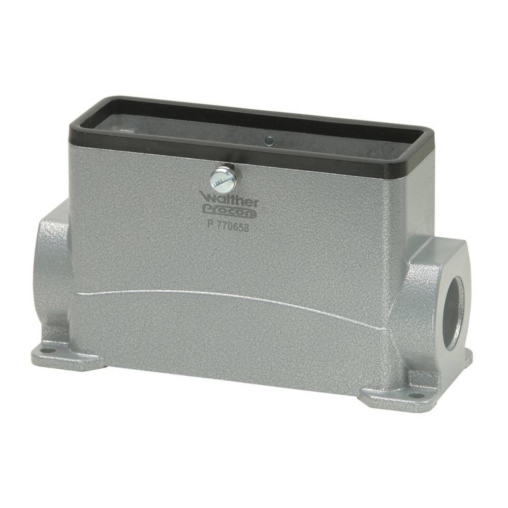 Rechteckiges metallisches industrielles Anschlussgehäuse, grau, gekennzeichnet mit 'Walther Prazision' und Modell 'P-77065B', mit seitlichem Eingangsport.