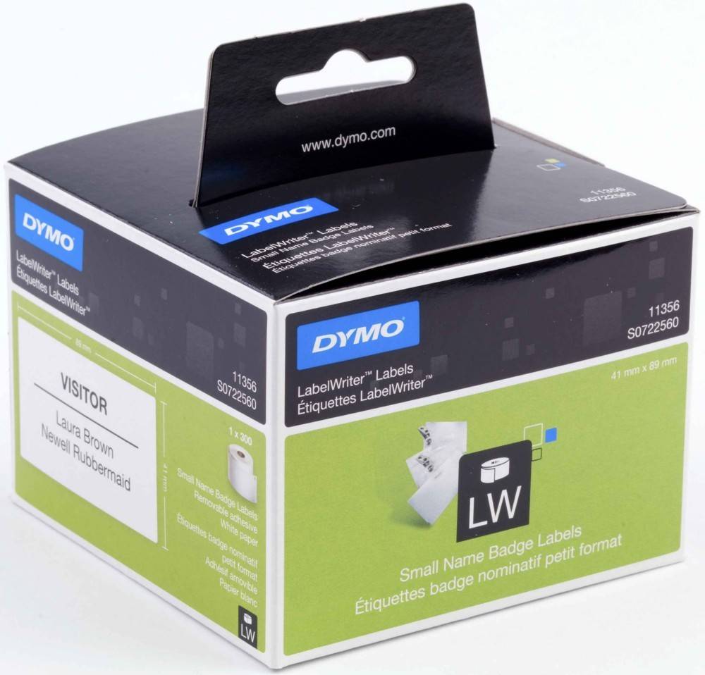 DYMO LabelWriter Etiketten-Box für kleine Namensschilder, Größe 41x89mm. Dargestellte Abzeichen inklusive und mit Teilenummern S0722560, 11356.