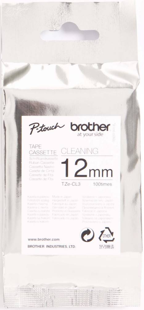 Brother P-Touch Reinigungskassette, 12mm, TZe-CL3, in Verpackung gezeigt. Zur Wartung des Etikettendrucker. Enthält 100 Reinigungen.