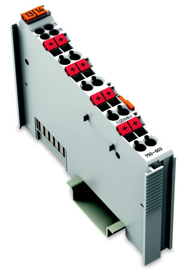 Industrielles Elektro-Klemmleistenmodul mit roten Steckverbindern und orangefarbenen Schaltern auf einer grauen DIN-Schienen-Komponente.