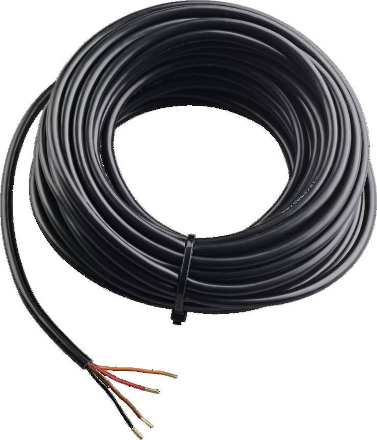 Eine Rolle aus schwarzem Elektrokabel mit rot-, weiß- und schwarzfarbenen Leitungen, die an einem Ende freiliegend sind.