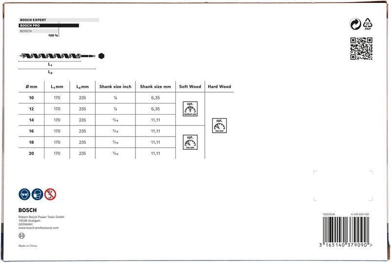 Eine Tabelle mit Bohrgrößen für Weich- und Hartholz: 6,35 mm, 9,11 mm und 11,11 mm, mit entsprechenden Schaftgrößen: 1/4, 5/16 und 7/16 Zoll.