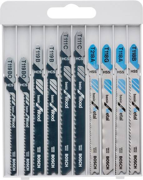 Ein Satz von neun Bosch-Stichsägeblättern, gekennzeichnet zum Schneiden von Holz oder Metall, einschließlich verschiedener Modelle wie T119 und T118, mit HCS- und HSS-Typen.