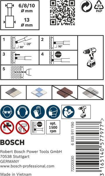 Bedienungsanleitung für Bosch-Bohrmaschine: Schritte 1-5 zeigen die richtigen Bohrwinkel und Techniken. Enthält Sicherheitssymbole für Schutzbrille und Gehörschutz.