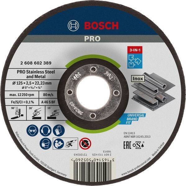 BOSCH PRO Trennscheibe für Edelstahl und Metall, gekennzeichnet mit 125 x 2,5 x 22,23 mm, max. 12.250 U/min, 3-in-1 Universal-Markenpassform.