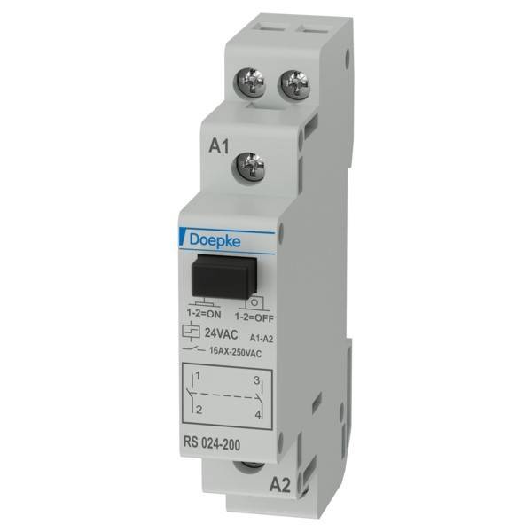 Ein elektrisches Relais mit beschrifteten Anschlüssen A1 und A2, versehen mit der Markenbezeichnung 'Doepke' und Spezifikationen für 24VAC, 16A, 250VAC auf der Vorderseite.