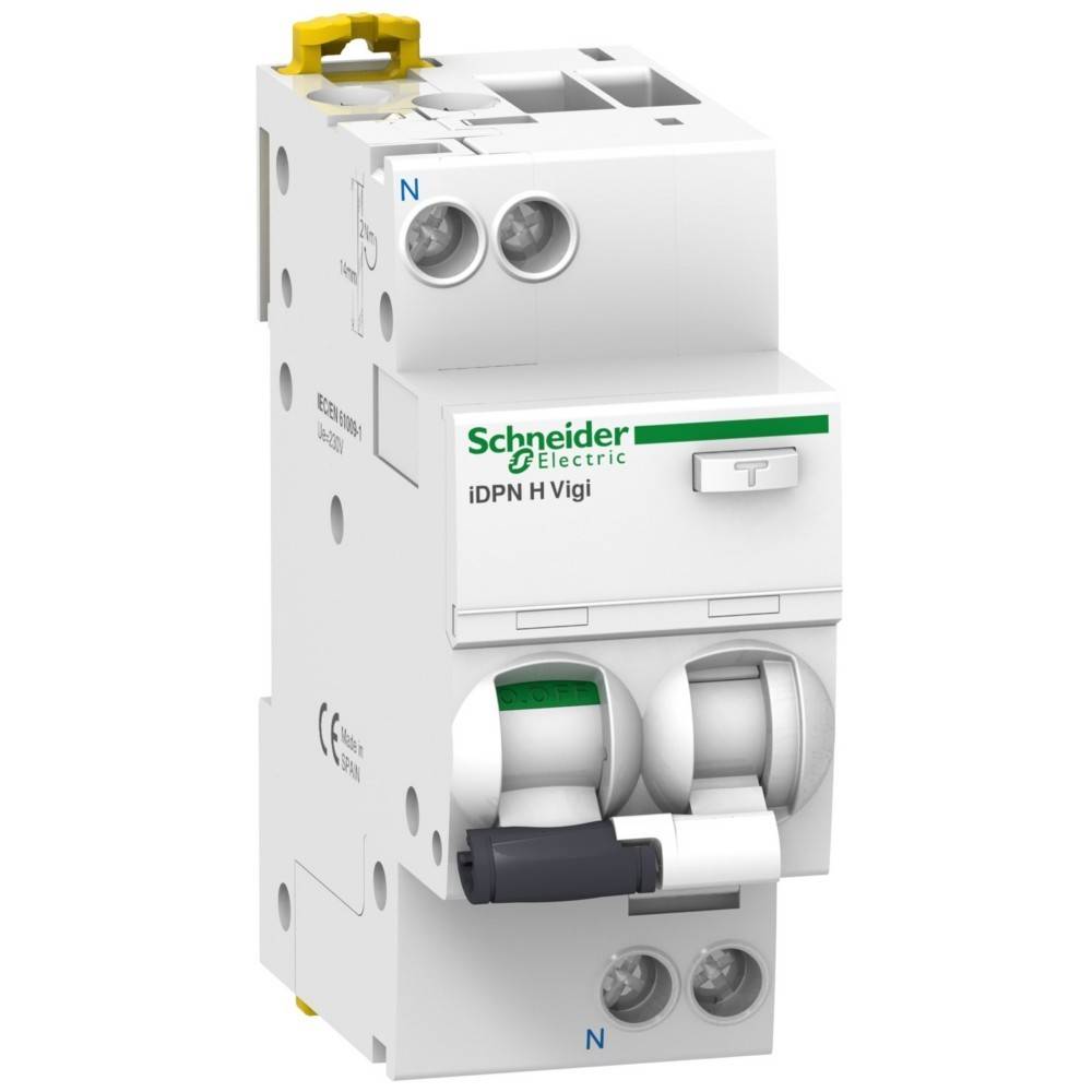 Schneider Electric iDPN H Vigi Leitungsschutzschalter mit Doppelschalter und sichtbarem Markenlogo, entwickelt für elektrische Sicherheit und Schutz.