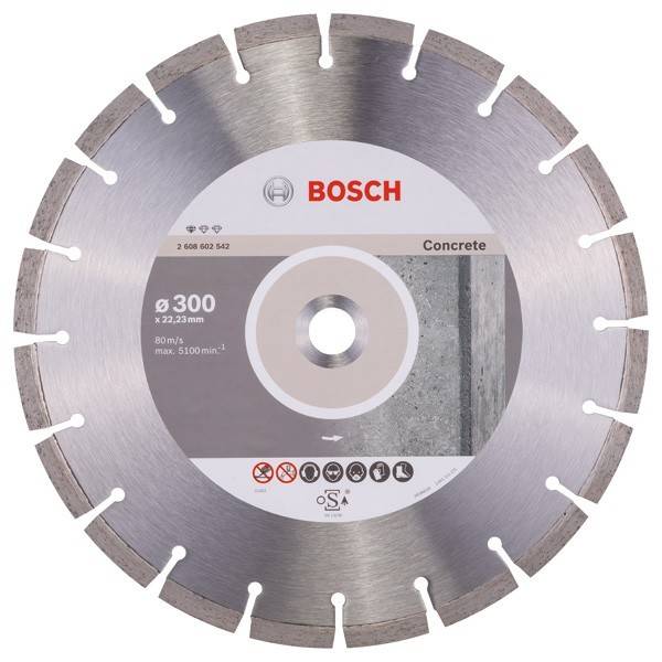 Bosch-Diamanttrennscheibe für Beton, frontal abgebildet mit einer Durchmesser-Kennzeichnung von 300 mm und segmentierter Metallkante.