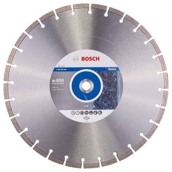Bosch Steinsägeblatt aus Diamant mit silberner Metallscheibe, blauem Mitteletikett und segmentierter Schneidkante.