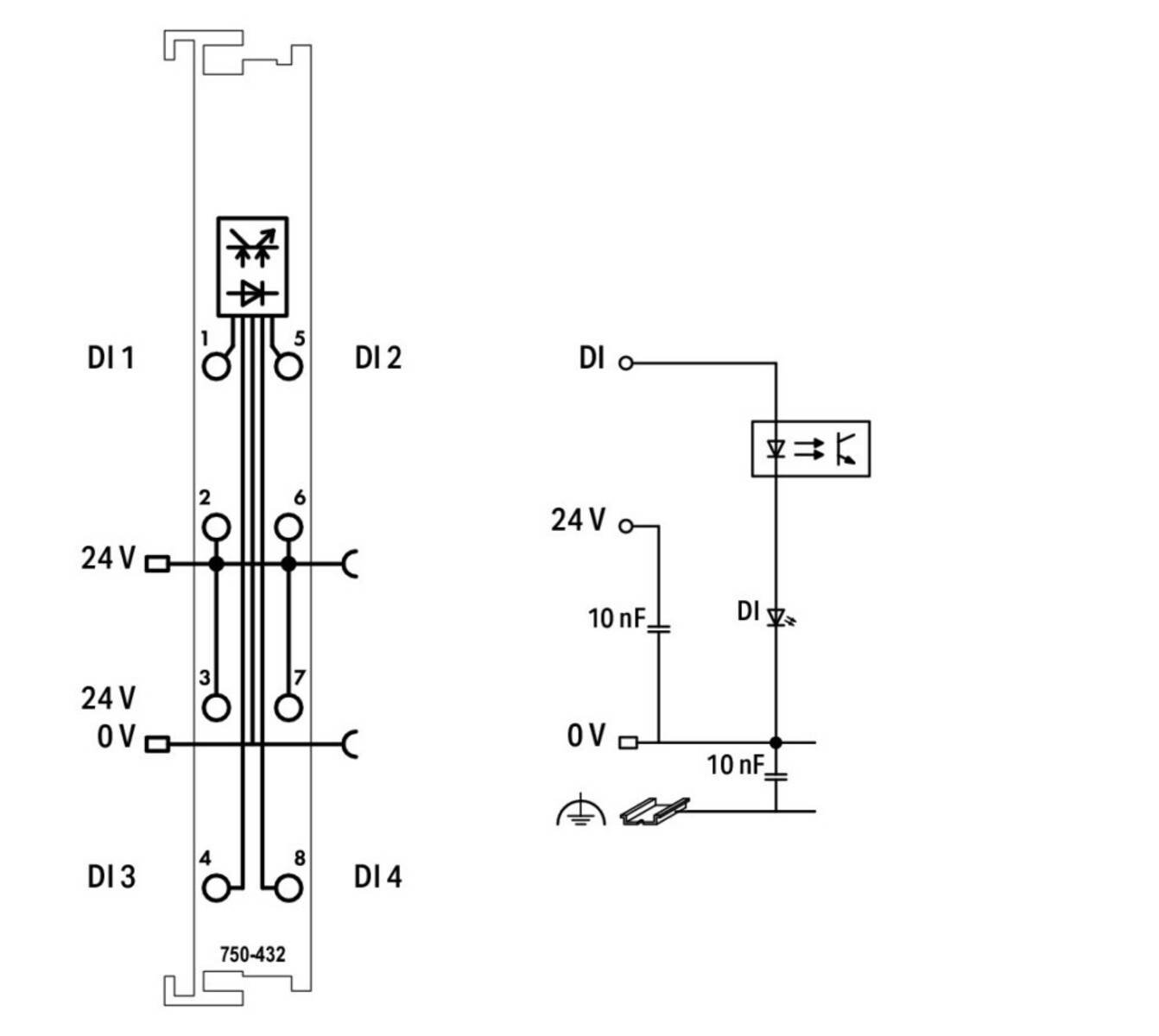Relais-Schaltplan mit Darstellung der Verbindungen mit verschiedenen Eingängen und Spannungen: DI1 bis DI4, 24V und 0V. Enthält Kapazitäten und Relais-Symbol.