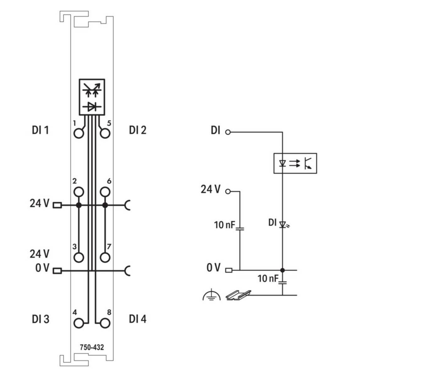 Schaltplan eines Verbindungsaufbaus für einen Optokoppler mit Dioden DI1 bis DI4. Zeigt Spannungseingänge von 24V und 0V, Kondensatoren und Verkabelung.