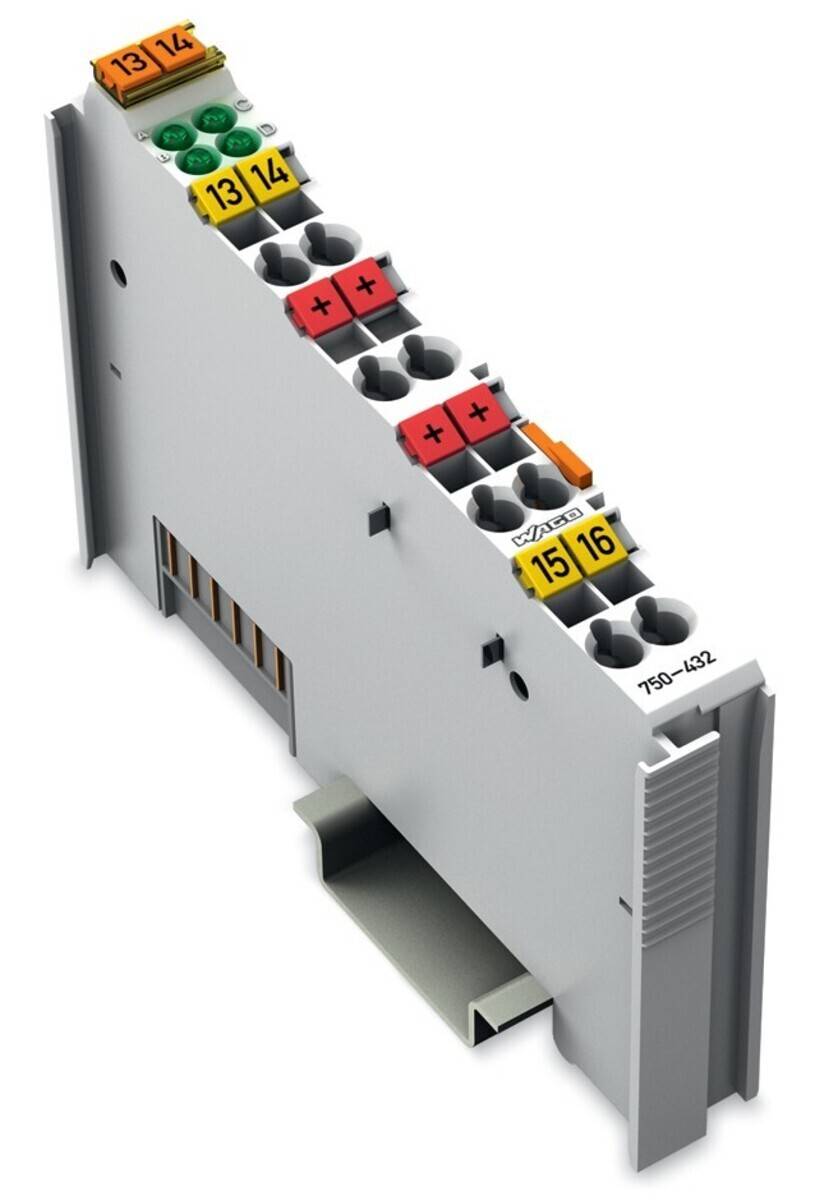 Das Bild zeigt ein WAGO 750-432 Klemmblock-Modul mit beschrifteten Anschlusspunkten, das für elektrische oder Automatisierungsanwendungen verwendet wird.