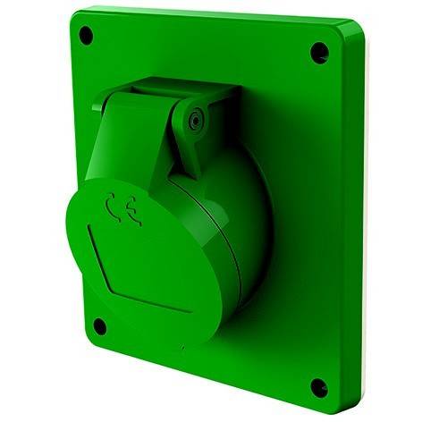 Grüne wandmontierte Steckdosenabdeckung mit klappbarem Schutzdeckel und vier Schraubenlöchern in den Ecken.
