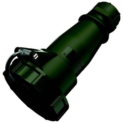 Grüne Industrietaschenlampe oder Scheinwerfer mit großem Griff und zylindrischem Gehäuse, gezeigt auf weißem Hintergrund.