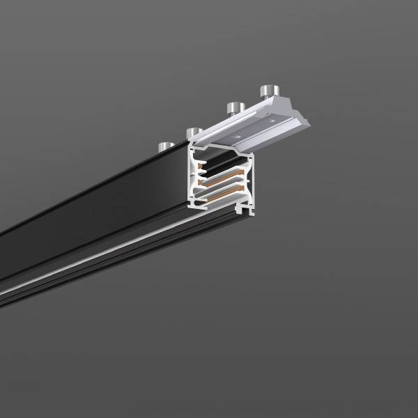 Schnittansicht einer schwarzen LED-Schienenstrahler-Schiene mit sichtbaren internen elektrischen Kontakten und Befestigungsteilen auf grauem Hintergrund.