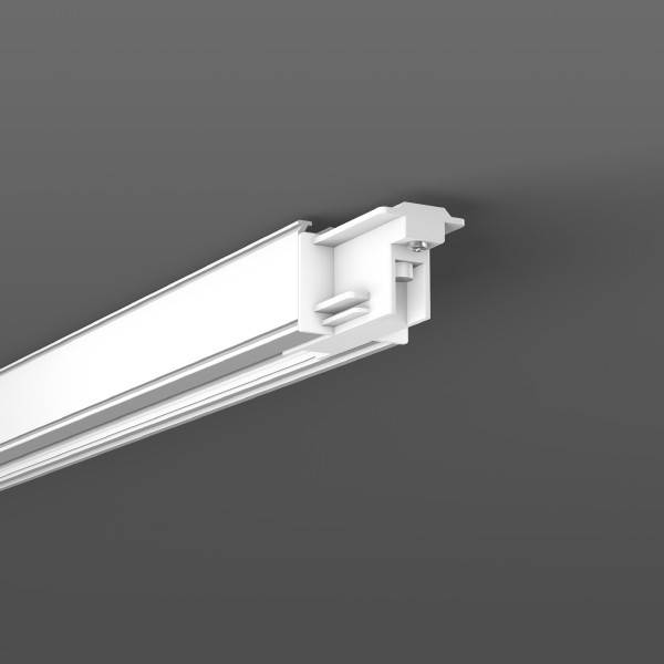 Weiße lineare Schienensystem-Leuchte mit Endverbinder auf grauem Hintergrund.