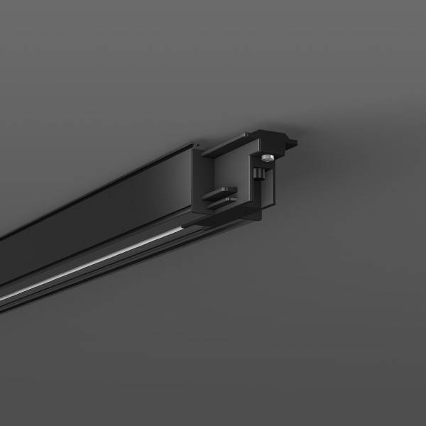 Schwarze Deckenleuchte mit Schiene und Endverbinder auf grauem Hintergrund