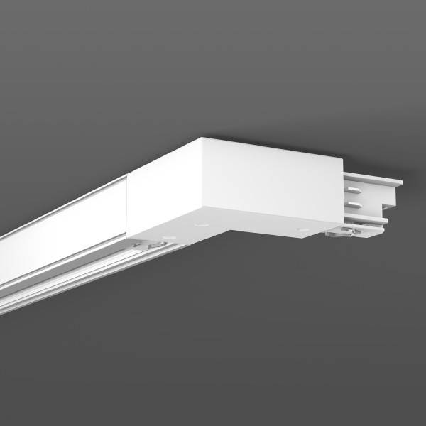 Weißer Deckenleuchten-Schienenstecker auf grauem Hintergrund, zeigt die Verbindungsstelle zwischen zwei Schienensegmenten.