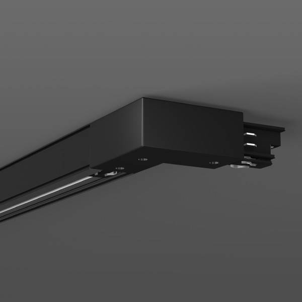 Schwarzer linearer Schienenleuchtenkonnector auf grauem Hintergrund mit angewinklter Verbindung und Schienenmontage-Hardware.