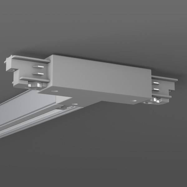 Weißer, an der Decke montierter Schienenlicht-Connector mit einer befestigten Schiene, in Nahaufnahme auf grauem Hintergrund gezeigt.