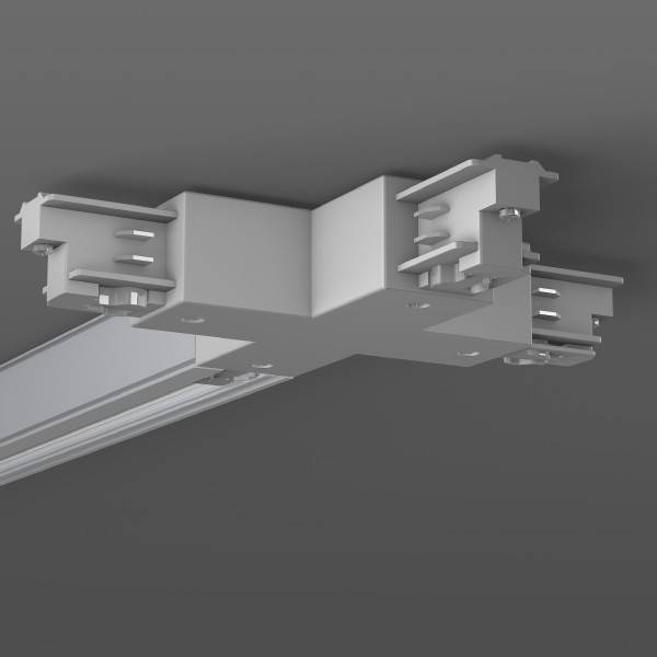 3D-Darstellung eines Deckeneinbau-Schienenleuchtensteckers mit zwei Schienenenden, die durch einen zentralen Block auf grauem Hintergrund verbunden sind.
