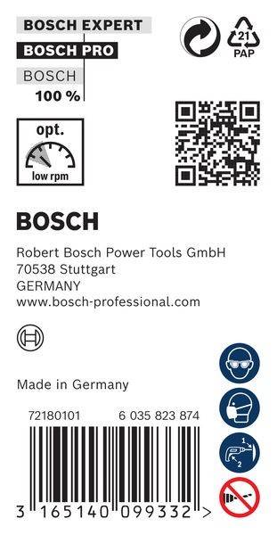 Bosch' Logo mit Kontaktdetails: Robert Bosch Power Tools GmbH, Stuttgart, Deutschland. Website: www.bosch-professional.com. Made in Germany.