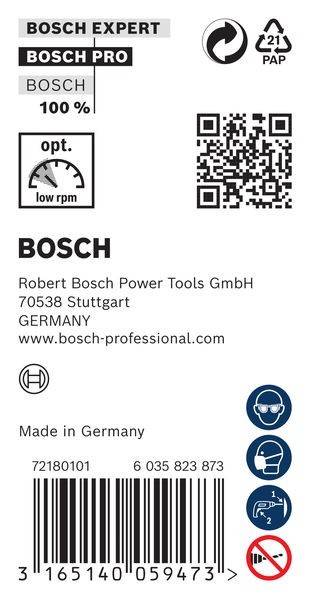 Bosch Elektrowerkzeuge Logo mit Kontaktinformationen: Robert Bosch Power Tools GmbH, Stuttgart, Deutschland, Webseite 'www.bosch-professional.com'. Made in Germany Text und QR-Code.