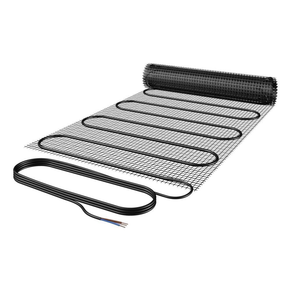 Eine elektrische Fußbodenheizmatte ausgerollt, die schwarze Heizdrähte auf einem Maschengitter zeigt, mit angeschlossenen Verbindungskabeln.
