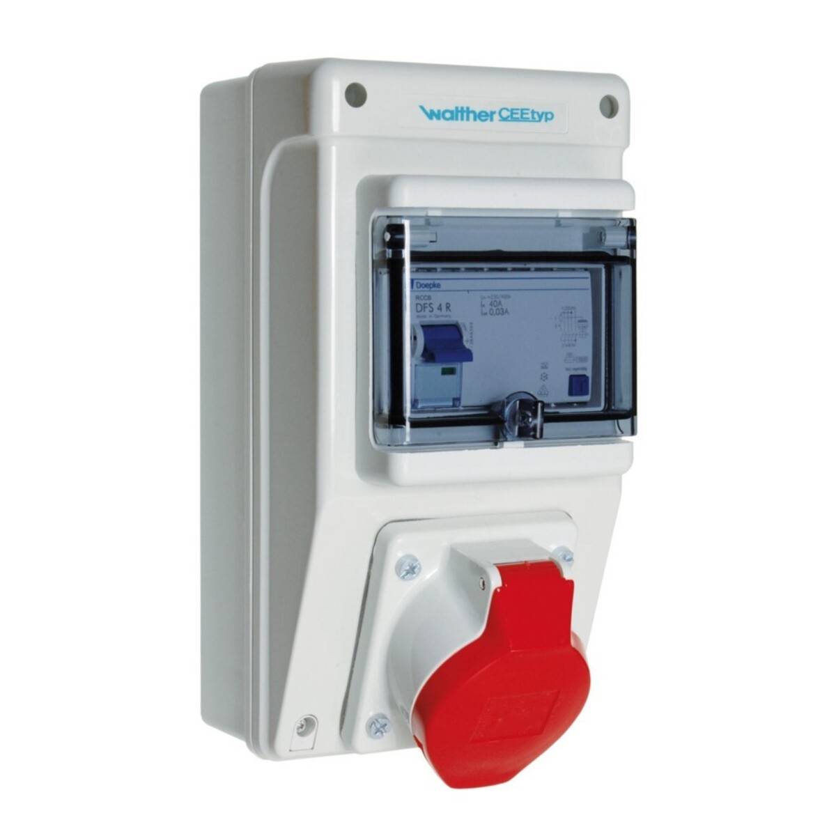 Eine weiße und rote industrielle Elektrosteckdose mit Schutzdeckel, die an einer Wand montiert ist und für Hochleistungs-Stromverbindungen konzipiert ist.