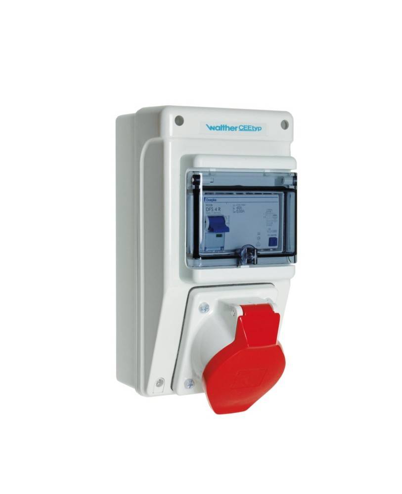 Wetterfeste elektrische Anschlussdose mit rotem Klappdeckel, der eine transparente Abdeckung besitzt und die Schalter und Anzeigen im Inneren sichtbar macht.