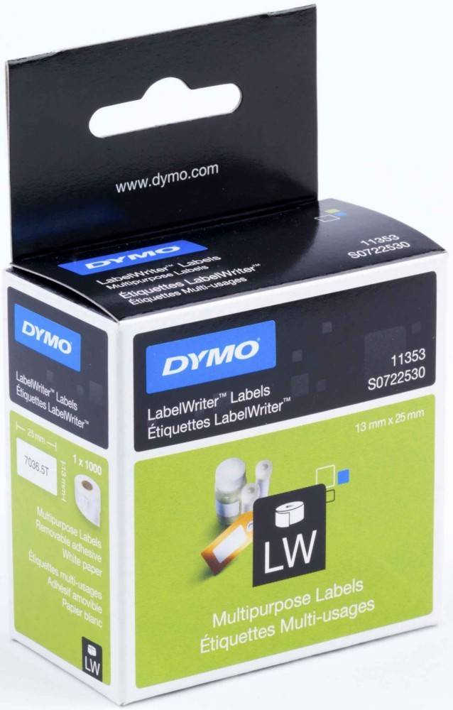 Schachtel von DYMO LabelWriter Etiketten mit Details wie Abmessungen (12mm x 25mm) und Produktcodes (11353, S0722530).
