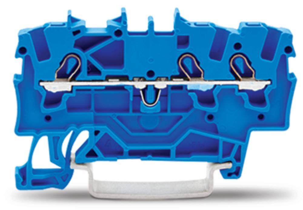Ein blauer Klemmenblock mit unterscheidbaren ineinandergreifenden Teilen ist dargestellt. Er weist einen zentralen metallischen Leiter und symmetrische Gestaltungselemente auf.