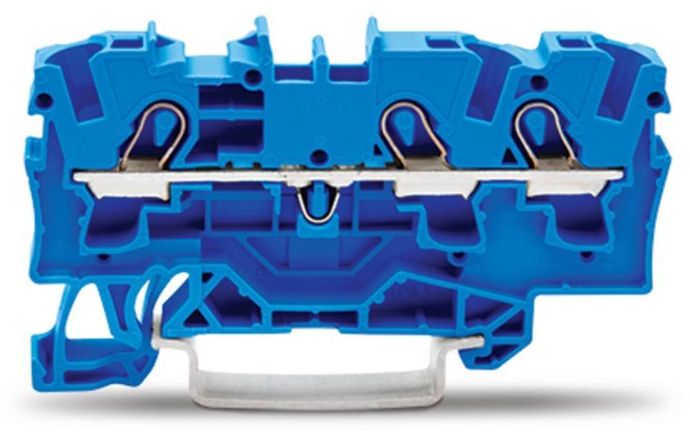 Ein blauer modularer Anschlussblock, der für elektrische Schaltungsverbindungen verwendet wird und die internen Metallleiterteile sowie Verdrahtungsschlitze zeigt.