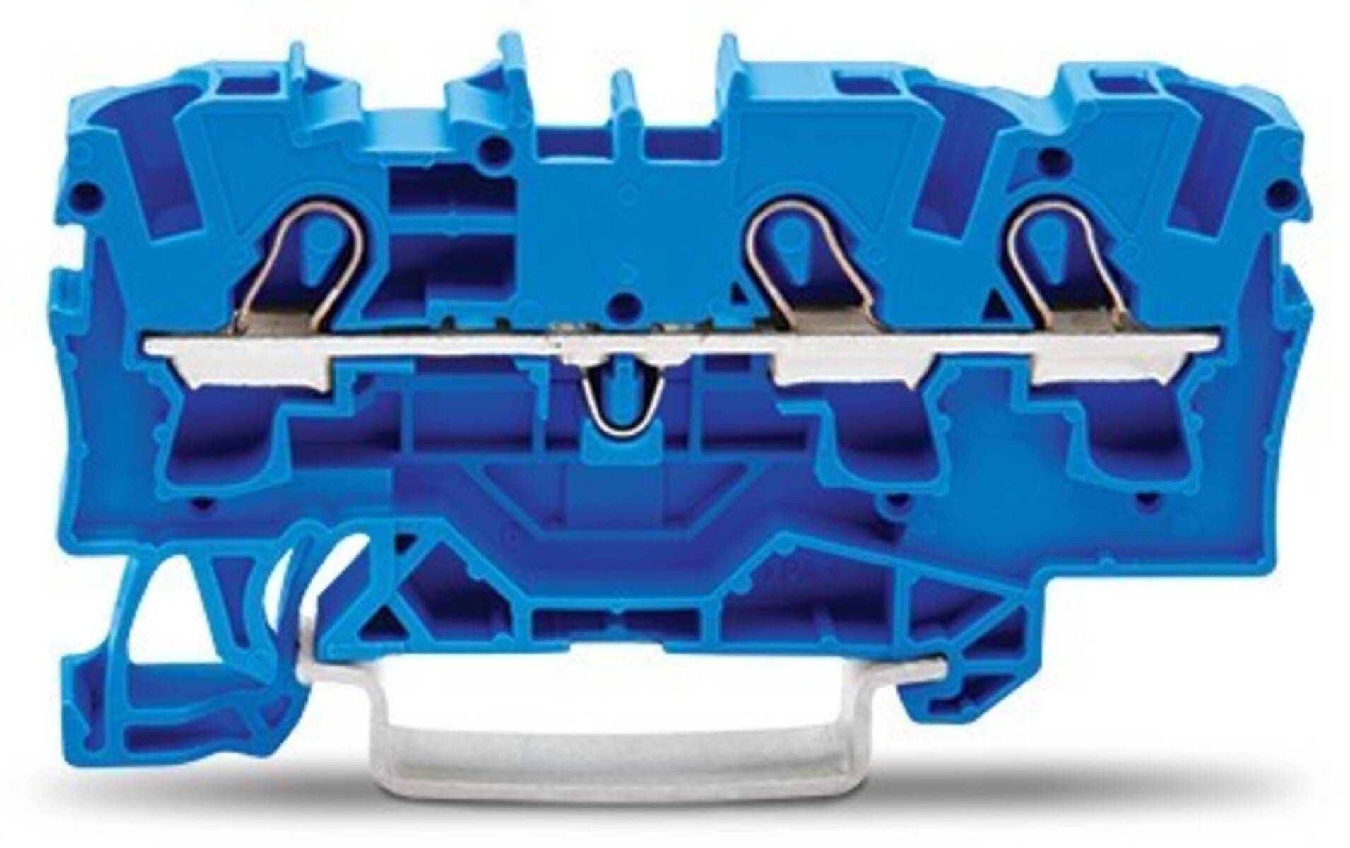 Ein blauer elektrischer Klemmblock mit Metallverbindern, der eine komplexe interne Struktur und Leitungswege für elektrische Verbindungen zeigt.