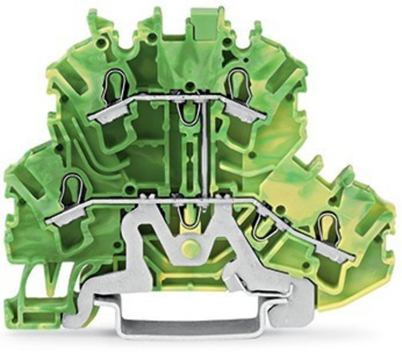 Eine Nahaufnahme eines grün-gelben Reihenklemmenblocks mit Metallverbindern, der zur elektrischen Schaltungsverbindung in Steuerungstafelns verwendet wird.