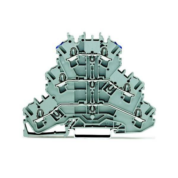 Querschnitt eines grauen Elektrikklemmblocks mit gestapelten internen Metallverbindern und Verdrahtungskanälen, gezeigt auf weißem Hintergrund.