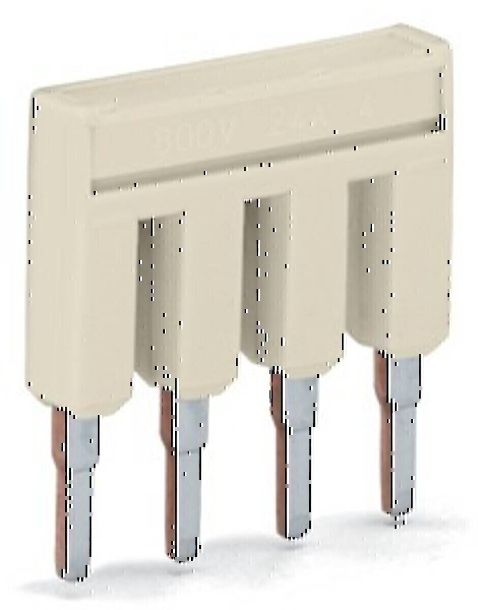 Ein Verbindungskamm mit vier Metallzinken und einem beigen Plastikoberteil, mit der Aufschrift 500V, verwendet für elektrische Verbindungen.