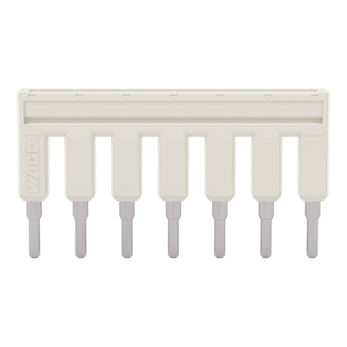 Ein weißer elektrischer Anschlussstreifen mit sieben nach unten ragenden Kontakten, der zum Verdrahten und für elektrische Verbindungen verwendet wird.