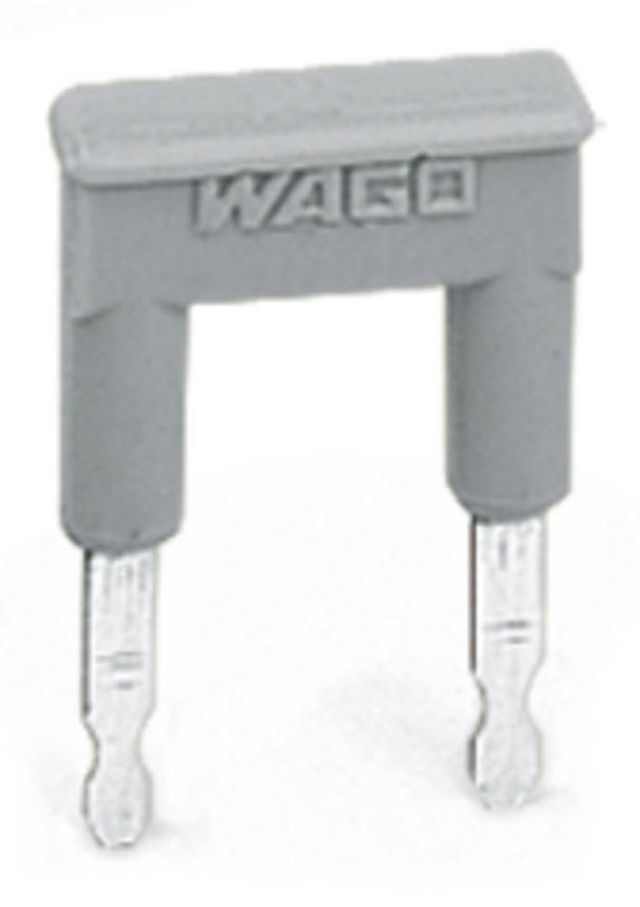 Ein grauer elektrischer Verbinder mit zwei Metallzacken und der Aufschrift 'WAGO' auf der Oberseite. Verwendet für elektrische Anwendungen.