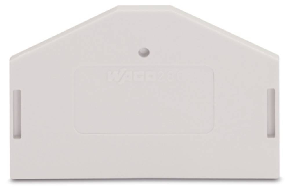 Weißer Kunststoffdeckel für Klemmenblock, mit einem kleinen Loch in der Mitte oben und geprägtem Text 'WAGO 280'.