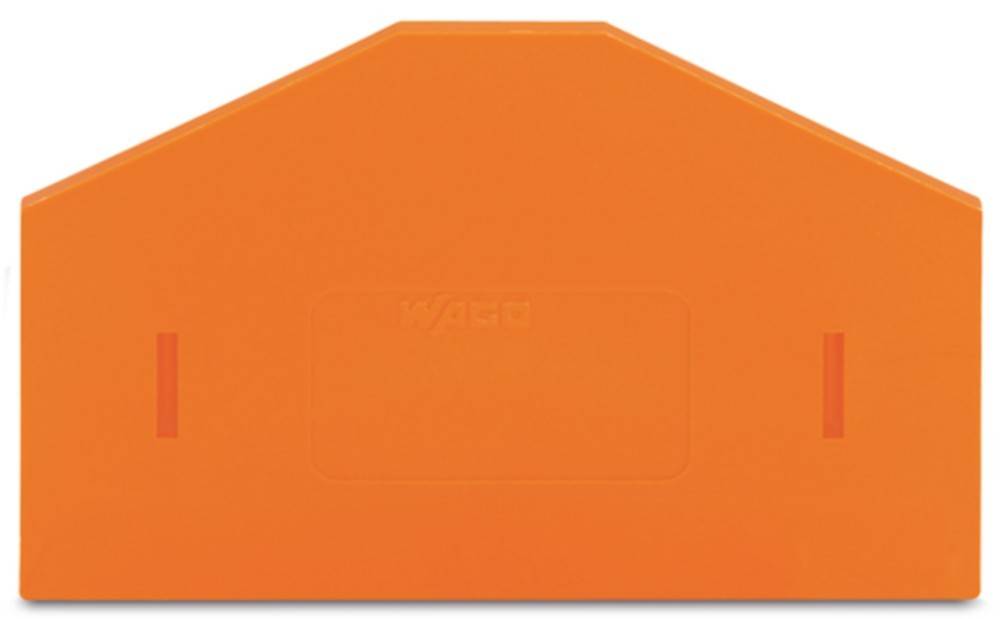 Orange Kunststoff-Endplatte mit abgeschrägter Oberseite für Klemmenblöcke, die in elektrischen Installationen verwendet werden.