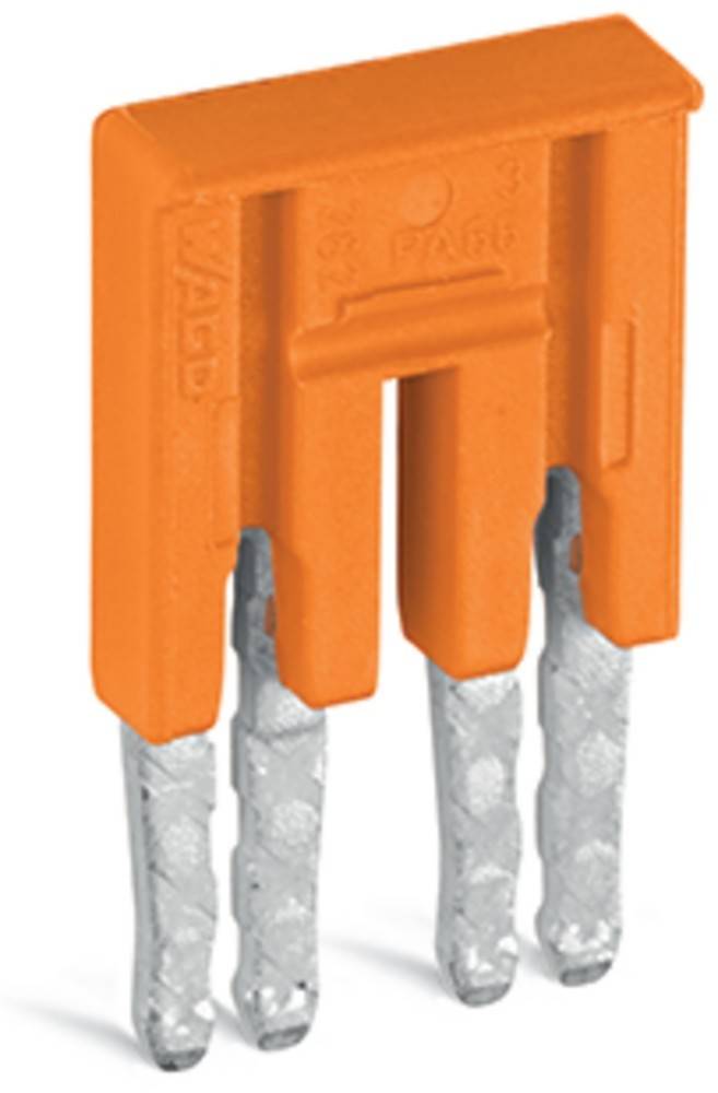 Ein orangefarbener elektrischer Stecker mit silbernen Metallstiften, der zur Verbindung von Drähten in elektrischen Anwendungen verwendet wird.