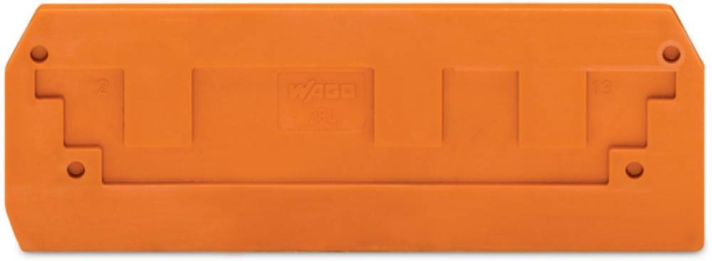 Ein orangefarbenes Plastikbauteil mit einem Logo und der Zahl '284', die in seine Oberfläche eingeprägt sind, höchstwahrscheinlich ein Teil einer elektrischen Komponente oder eines Anschlusses.