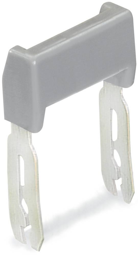 Eine Nahaufnahme einer grauen Plastikklammer mit zwei Metallzinken, die zum sicheren Befestigen oder Montieren von Gegenständen entwickelt wurde.