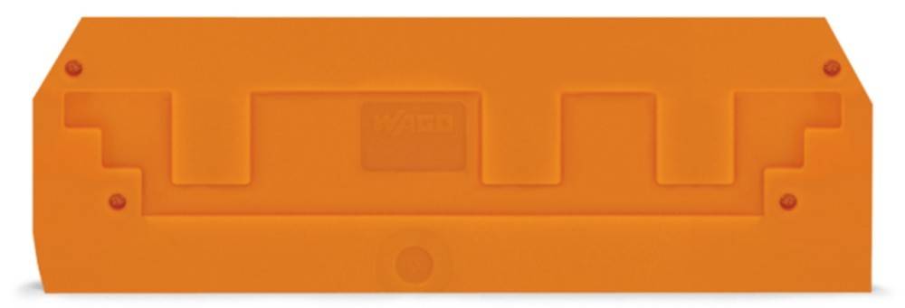 Ein orangefarbenes Wago-Werkzeug mit einer eingedellten Oberseite, das ein subtiles Logo zeigt und für die effiziente Verbindung von elektrischen Komponenten ausgelegt ist.